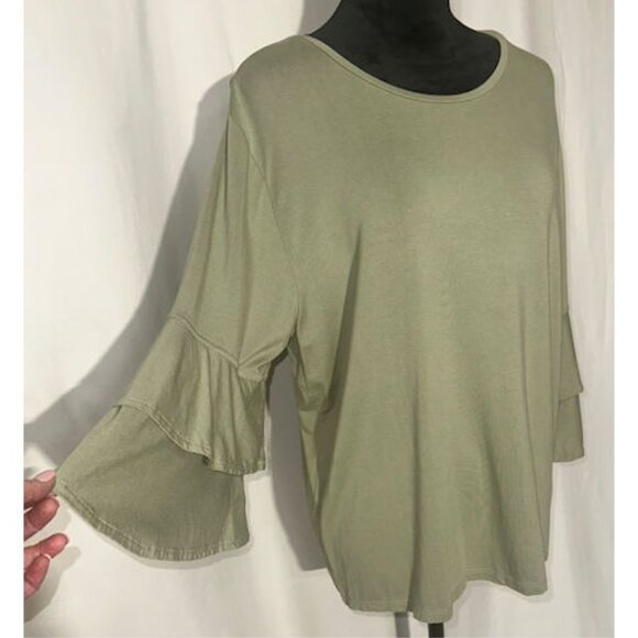 FRYE Olive Green Knit Top, Ruffled Sleeve, Large - Picture 3 of 7